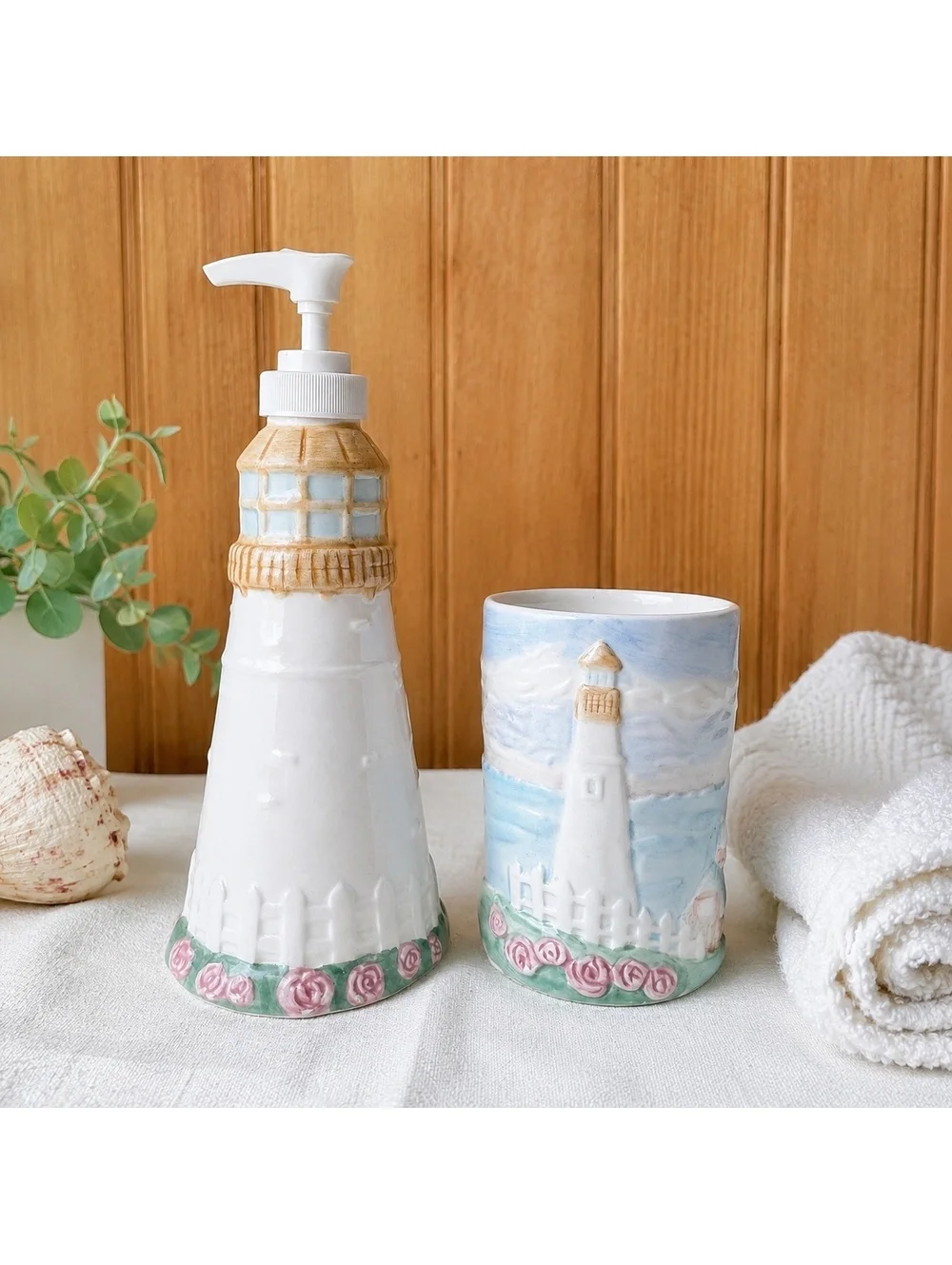 Vintage Ceramic Lighthouse Soap Dispenser And Tumbler Cup Coastal Bathroom Set